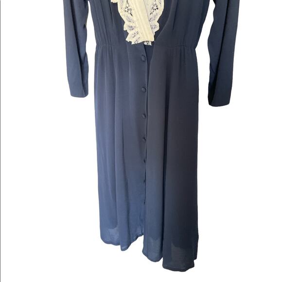 Karin Stevens Vintage Navy Long Sleeve Button Front w/ Lace n Pearl midi Dress 8 - Picture 11 of 11